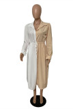Khaki Fashion Casual Patchwork Basic Turndown Collar Shirt Dress
