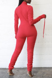 Red Casual Solid Patchwork Fold Zipper Collar Skinny Jumpsuits