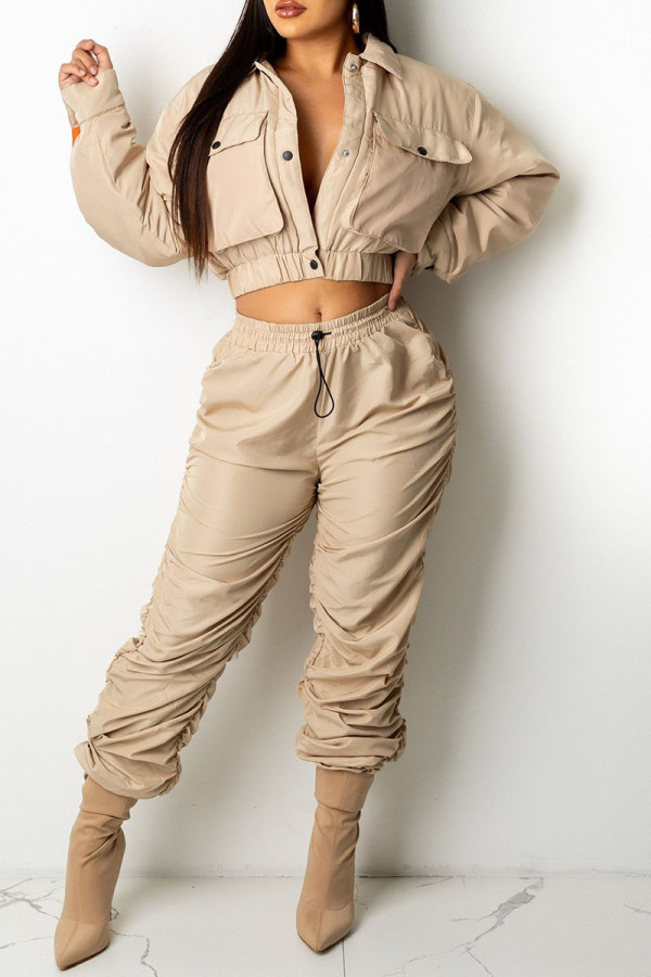Light Brown Casual Solid Split Joint Pocket Buckle Fold Turndown Collar Long Sleeve Two Pieces