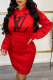 Red Fashion Street Print Patchwork Hooded Collar One Step Skirt Dresses