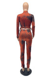 Orange Fashion Casual Print Patchwork Zipper Collar Long Sleeve Two Pieces