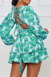 Blue Fashion Casual Print Hollowed Out V Neck Long Sleeve Dresses