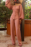 Pink Fashion Casual Print Backless Off the Shoulder Long Sleeve Two Pieces