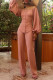 Pink Fashion Casual Print Backless Off the Shoulder Long Sleeve Two Pieces