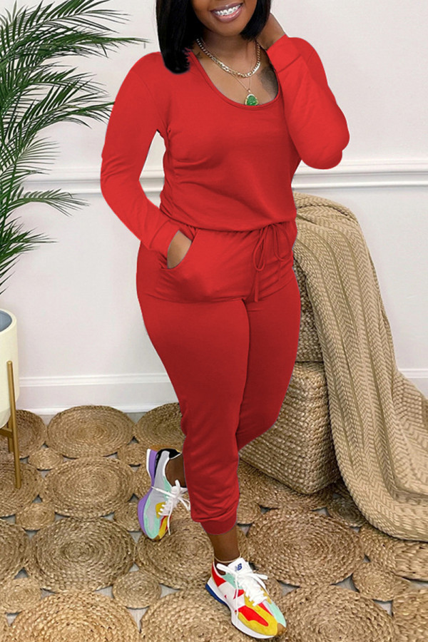 Red Fashion Casual Solid Basic O Neck Regular Jumpsuits