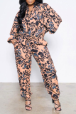 Tangerine Red Casual Patchwork Tie-dye Turndown Collar Long Sleeve Two Pieces