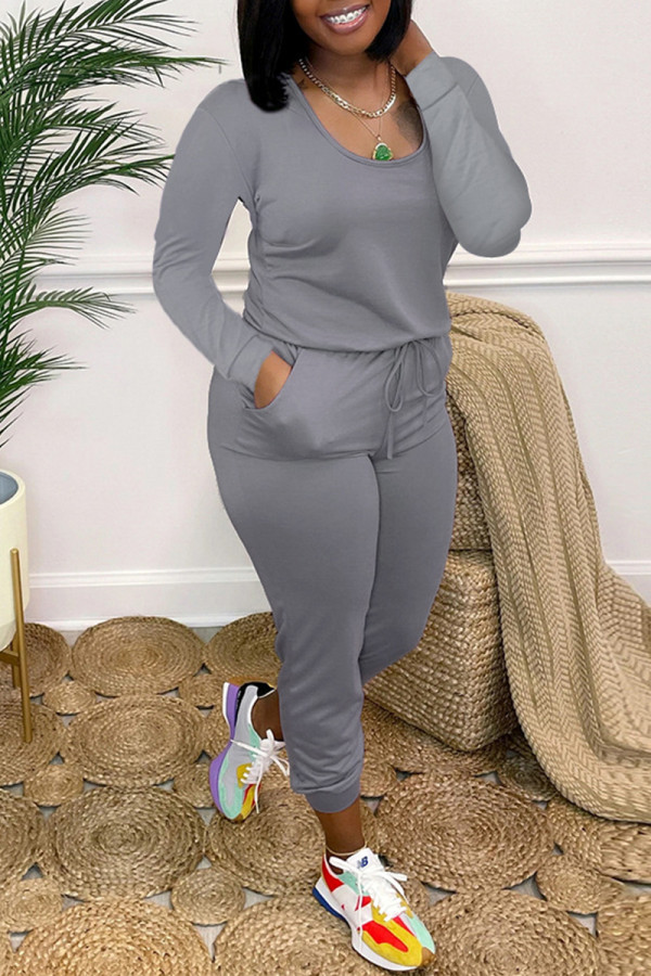 Grey Fashion Casual Solid Basic O Neck Regular Jumpsuits