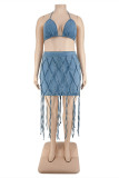 Blue Fashion Sexy Patchwork Tassel Bandage Backless Halter Plus Size Two Pieces