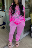 Pink Casual Print Patchwork Hooded Collar Long Sleeve Two Pieces