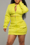 Yellow Sexy Solid Patchwork Zipper Collar Long Sleeve Two Pieces