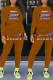 Brown Street Letter Print Patchwork O Neck Long Sleeve Two Pieces