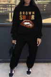 Black Fashion Casual Letter Lips Printed Basic O Neck Long Sleeve Two Pieces