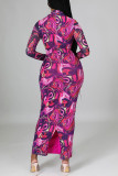 Purple Sexy Print Patchwork Slit One Step Skirt Dresses