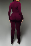 Dark Purple Fashion Casual Solid Fold Turtleneck Long Sleeve Two Pieces