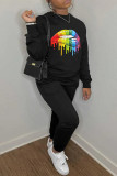 Black Fashion Casual Lips Printed Basic O Neck Long Sleeve Two Pieces