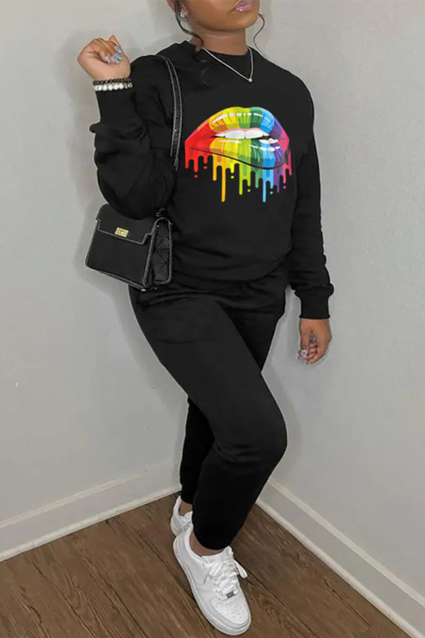 Black Fashion Casual Lips Printed Basic O Neck Long Sleeve Two Pieces