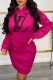 Rose Red Fashion Street Print Patchwork Hooded Collar One Step Skirt Dresses
