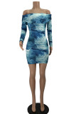 Light Blue Fashion Sexy Print Tie Dye Backless Off the Shoulder Long Sleeve Dresses