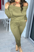 Army Green Fashion Casual Adult Solid Split Joint Bateau Neck Long Sleeve Off The Shoulder Regular Two Pieces