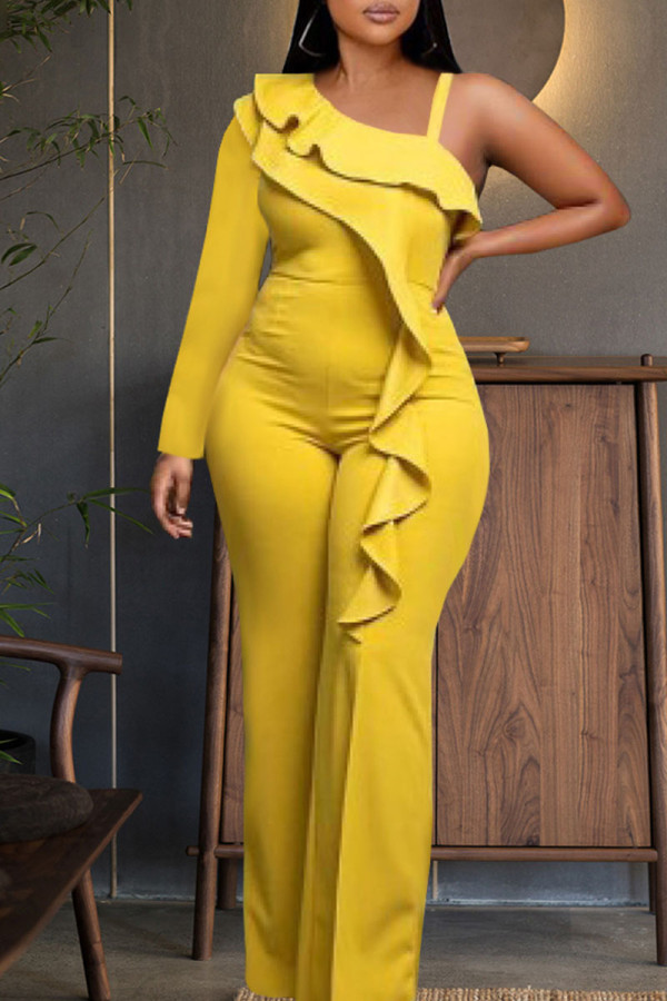 Yellow Elegant Solid Patchwork Flounce Oblique Collar Straight Jumpsuits