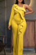 Yellow Elegant Solid Patchwork Flounce Oblique Collar Straight Jumpsuits