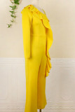 Yellow Elegant Solid Patchwork Flounce Oblique Collar Straight Jumpsuits
