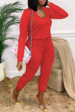 Red Fashion Casual Solid Basic O Neck Regular Jumpsuits