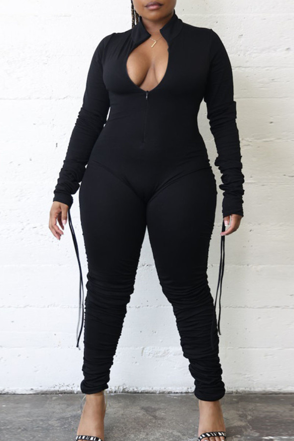 Black Casual Solid Patchwork Fold Zipper Collar Skinny Jumpsuits