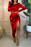 Rose Red Sexy Print Split Joint Draw String High Opening Asymmetrical O Neck Long Sleeve Two Pieces