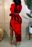 Red Sexy Print Split Joint Draw String High Opening Asymmetrical O Neck Long Sleeve Two Pieces