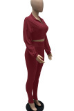 Burgundy Casual Solid Patchwork Turndown Collar Long Sleeve Two Pieces
