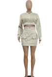 Yellow Sexy Solid Patchwork Zipper Collar Long Sleeve Two Pieces