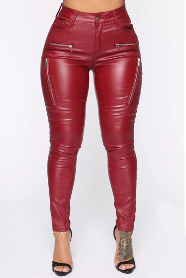 Red Sexy Solid Zipper Skinny Mid Waist Pencil Bottoms