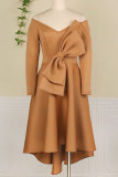 Khaki Elegant Solid Patchwork With Bow V Neck Evening Dress Dresses