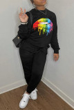 Black Fashion Casual Lips Printed Basic O Neck Long Sleeve Two Pieces