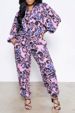 Tangerine Red Casual Patchwork Tie-dye Turndown Collar Long Sleeve Two Pieces