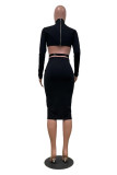 Black Sexy Casual Solid Hollowed Out With Belt Turtleneck Long Sleeve Dresses