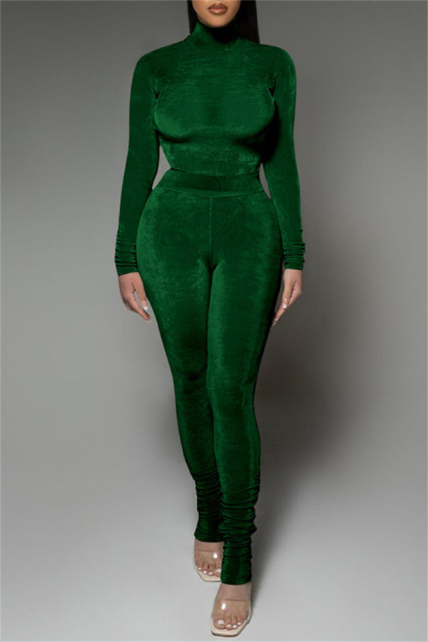 Green Fashion Casual Solid Fold Turtleneck Long Sleeve Two Pieces