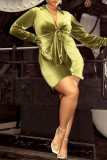 Earth Yellow Fashion Casual Solid Bandage Turndown Collar Long Sleeve Dresses