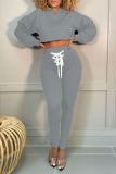 Grey Casual Solid Draw String Hooded Collar Long Sleeve Two Pieces