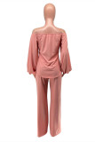 Pink Fashion Casual Print Backless Off the Shoulder Long Sleeve Two Pieces