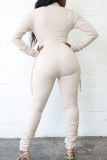 Red Casual Solid Patchwork Fold Zipper Collar Skinny Jumpsuits