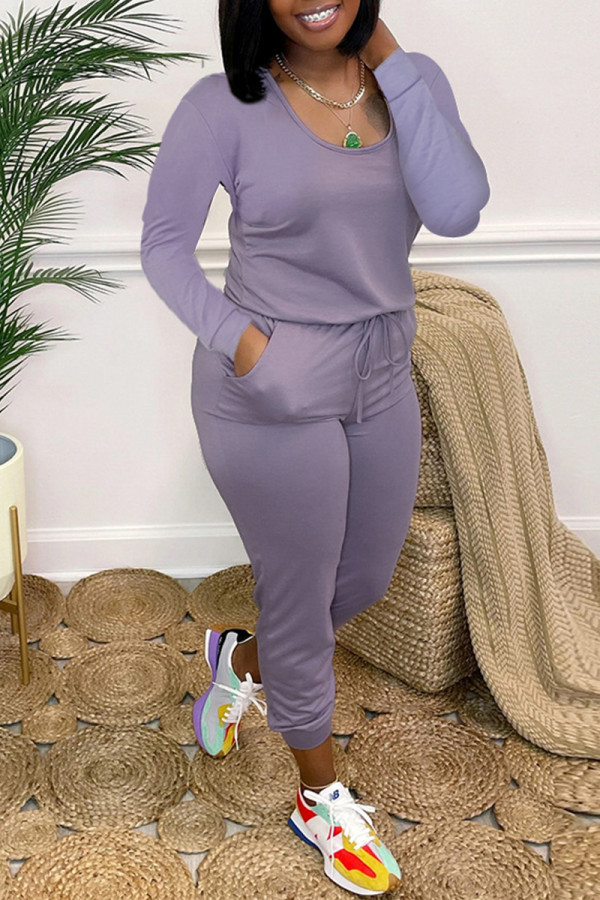 Purple Fashion Casual Solid Basic O Neck Regular Jumpsuits