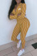 Yellow Fashion Sportswear Striped Patchwork Turndown Collar Jumpsuits