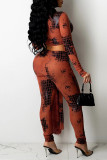 Orange Fashion Casual Print Patchwork Zipper Collar Long Sleeve Two Pieces