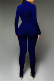 Blue Fashion Casual Solid Fold Turtleneck Long Sleeve Two Pieces
