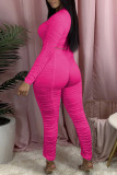 Rose Red Casual Solid Patchwork Fold O Neck Long Sleeve Two Pieces(Without Belt)