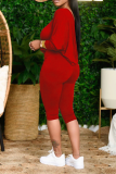 Red Sexy Print Patchwork One Shoulder Long Sleeve Two Pieces