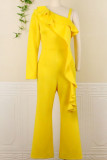 Yellow Elegant Solid Patchwork Flounce Oblique Collar Straight Jumpsuits