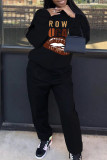 Black Fashion Casual Letter Lips Printed Basic O Neck Long Sleeve Two Pieces